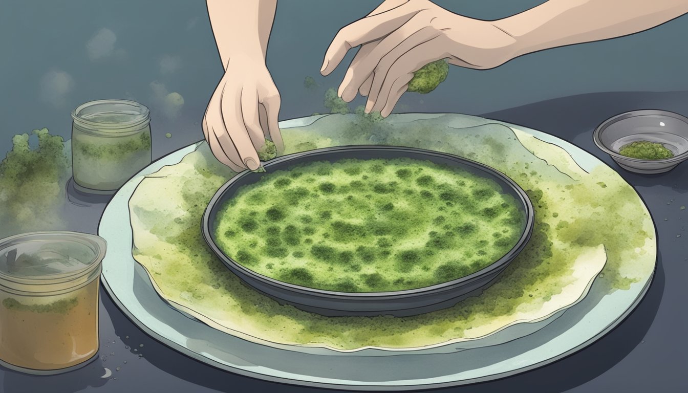 A plate of moldy food with visible spores and a nauseous person nearby