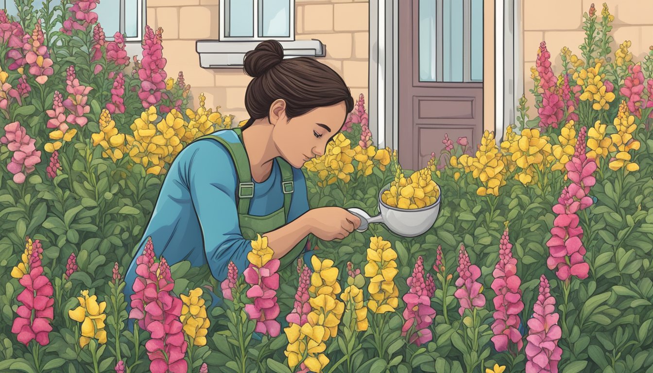 A person wearing gardening gloves examines a patch of snapdragons, while a sign nearby indicates "Do Not Eat."