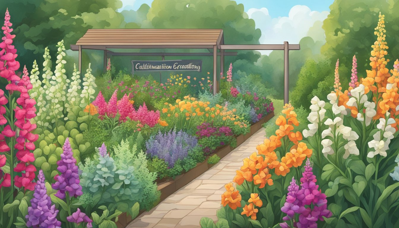 A garden with colorful snapdragons growing alongside other edible plants. A sign with "Cultivation and Gardening Practices" is visible