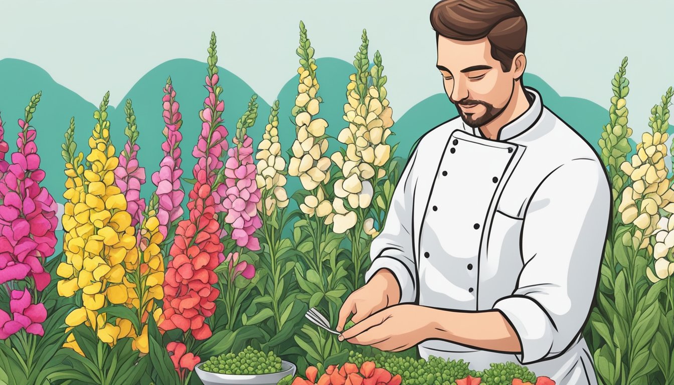 A chef carefully selects vibrant snapdragons from a garden, preparing to incorporate them into a dish