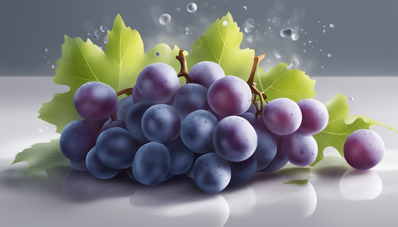 A cluster of grapes sits on a clean, dry surface, surrounded by a gentle mist of vinegar spray to prevent mold growth