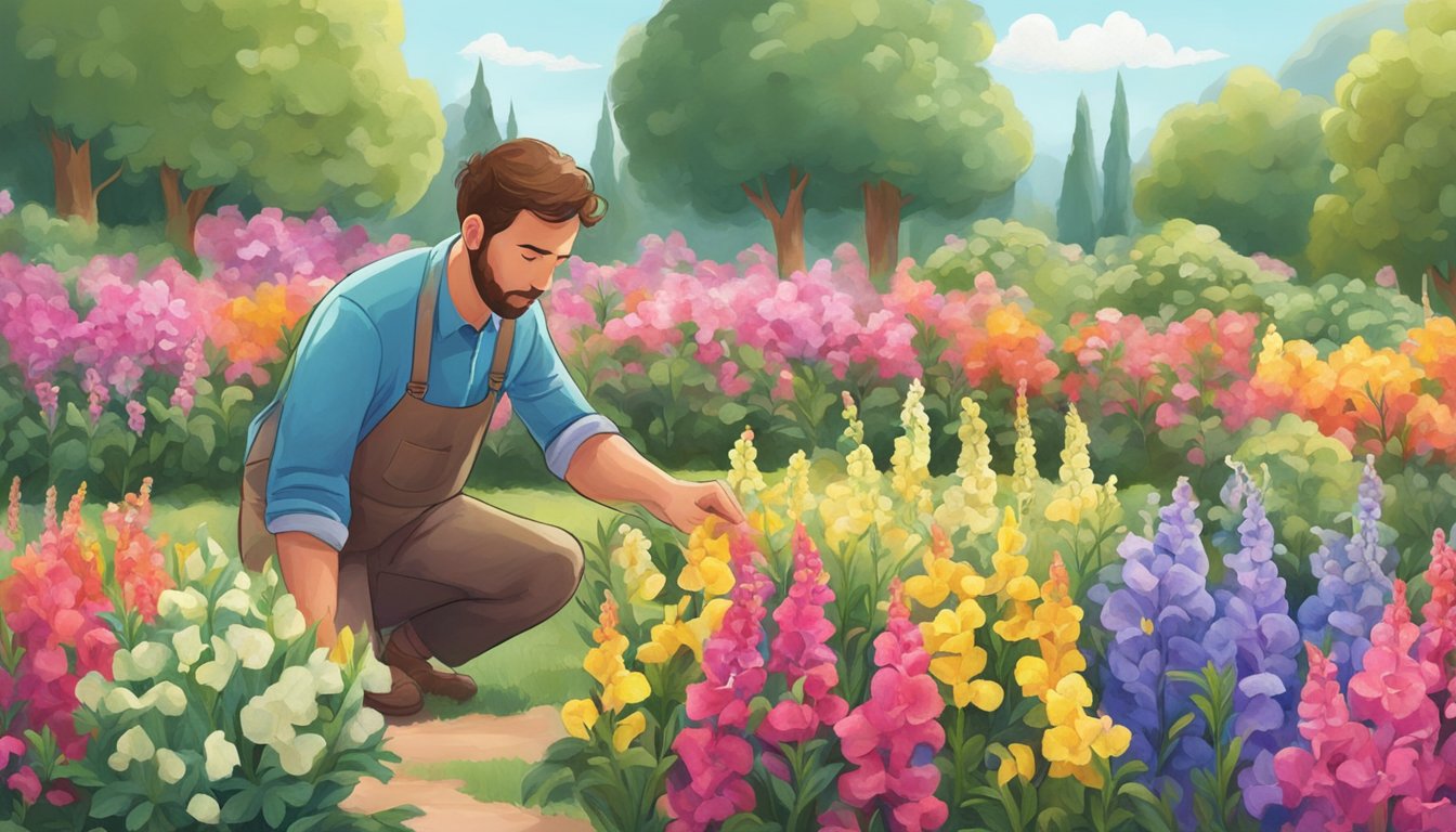 A garden filled with colorful snapdragons, some being carefully plucked and examined by a curious figure