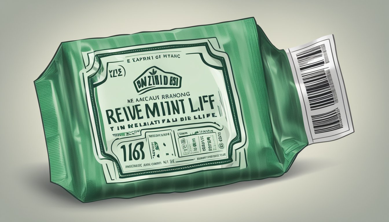 A package of dried mint with a visible expiration date and a label indicating shelf life