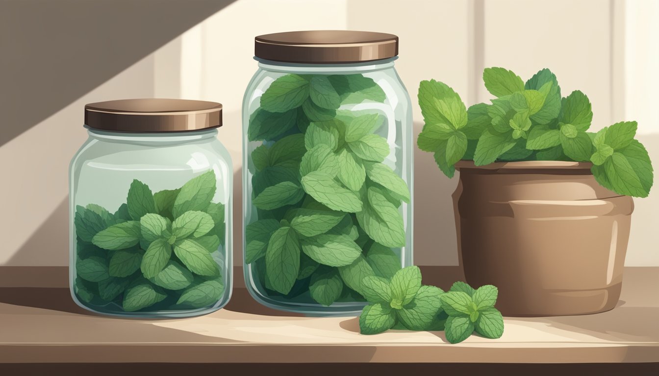 A bag of dried mint sits on a dusty shelf, exposed to sunlight and humidity. Nearby, a jar of fresh mint is sealed in a cool, dark pantry