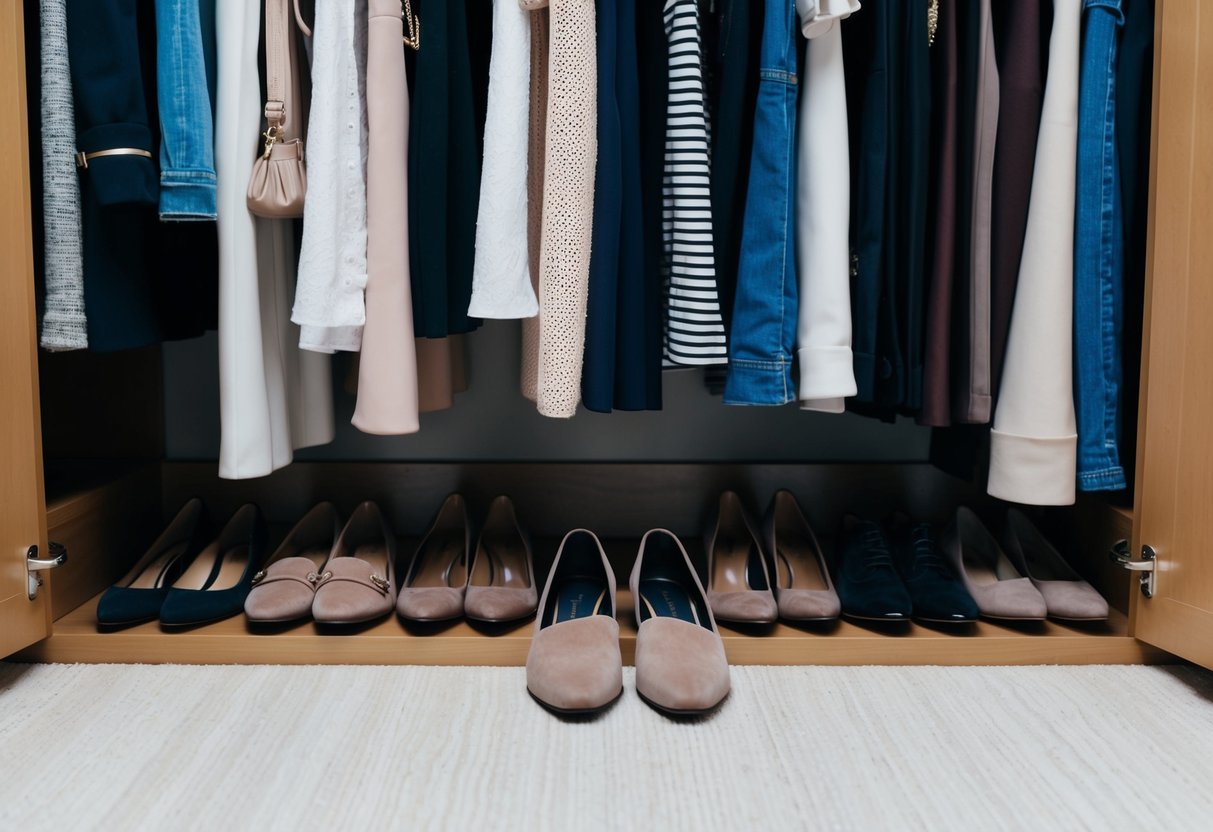 A closet with various outfits and a pair of taupe shoes placed next to them