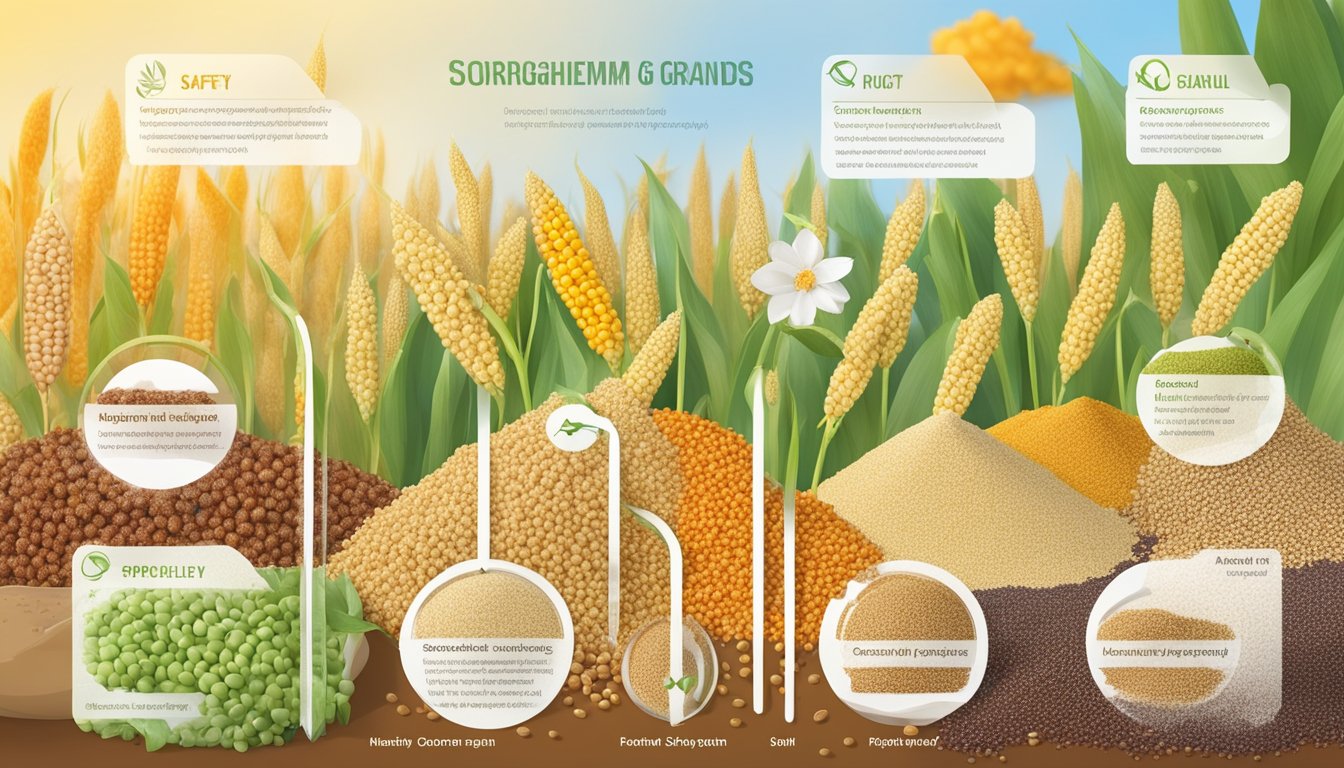 A colorful display of sorghum grains, surrounded by images of various nutrient profiles and safety symbols