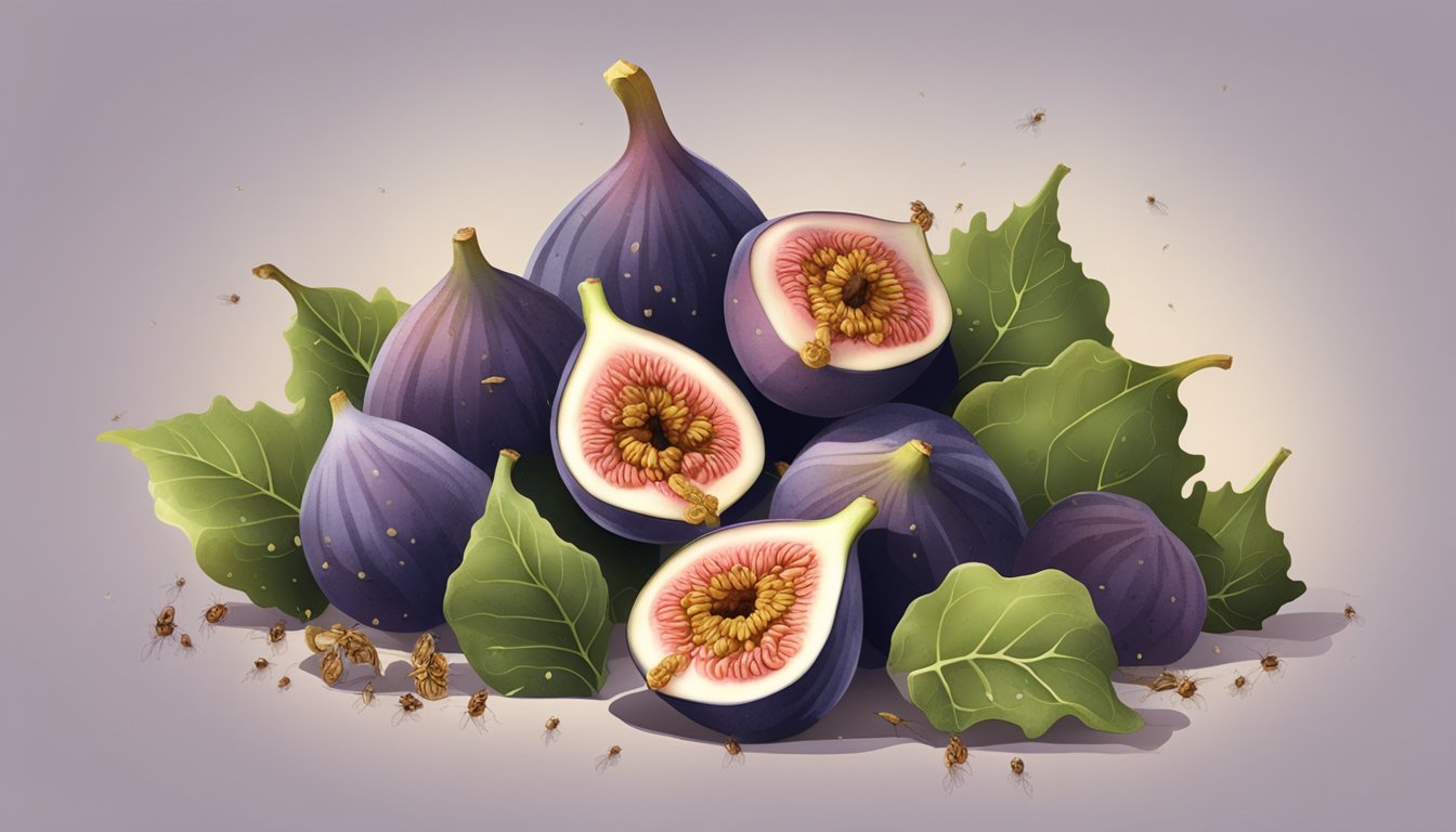 A pile of figs with visible mold spots, surrounded by flies and emitting a musty odor