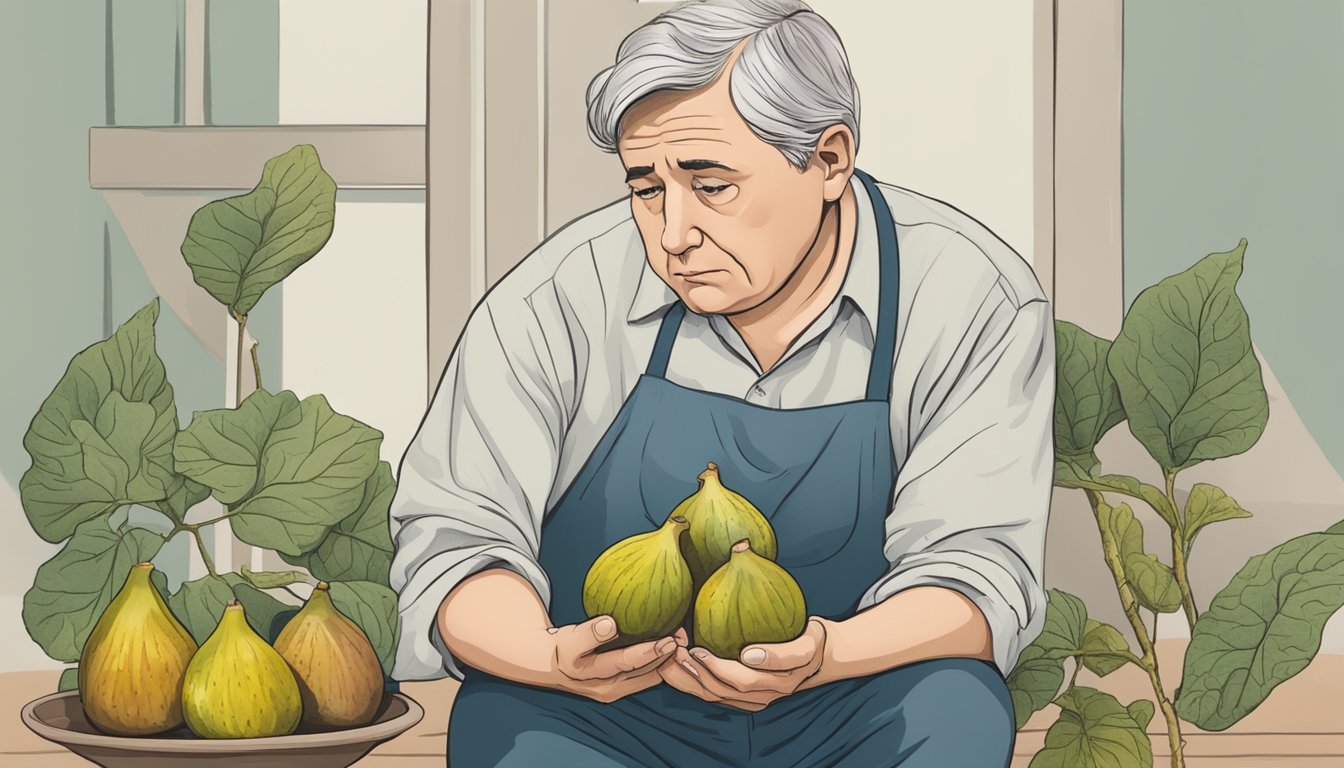 A person holding a fig and inspecting it for mold, with a concerned expression on their face