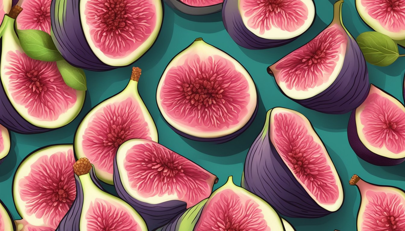 A ripe fig split open, revealing juicy pink flesh with visible mold spots. A contrasting background of healthy, unblemished figs