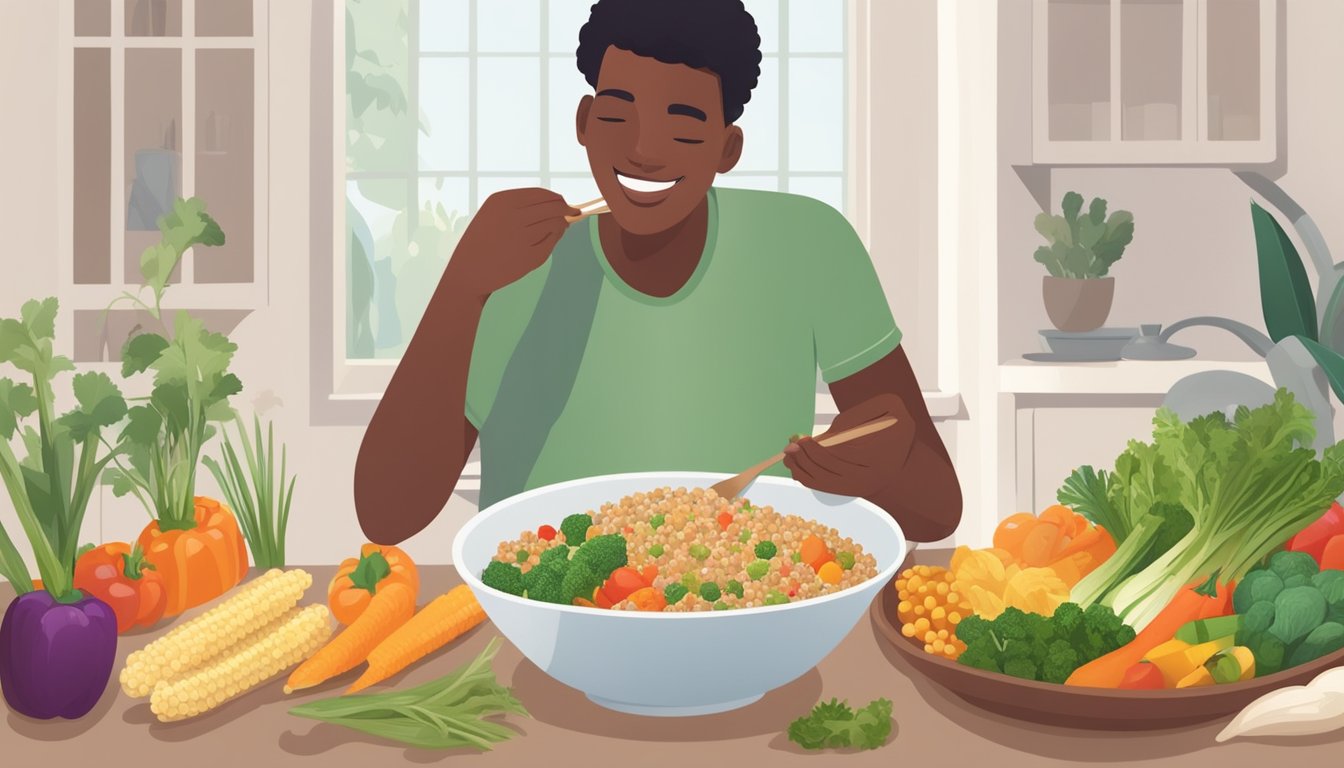 A person with dietary restrictions happily eating a bowl of cooked sorghum with a variety of colorful, fresh vegetables on the side