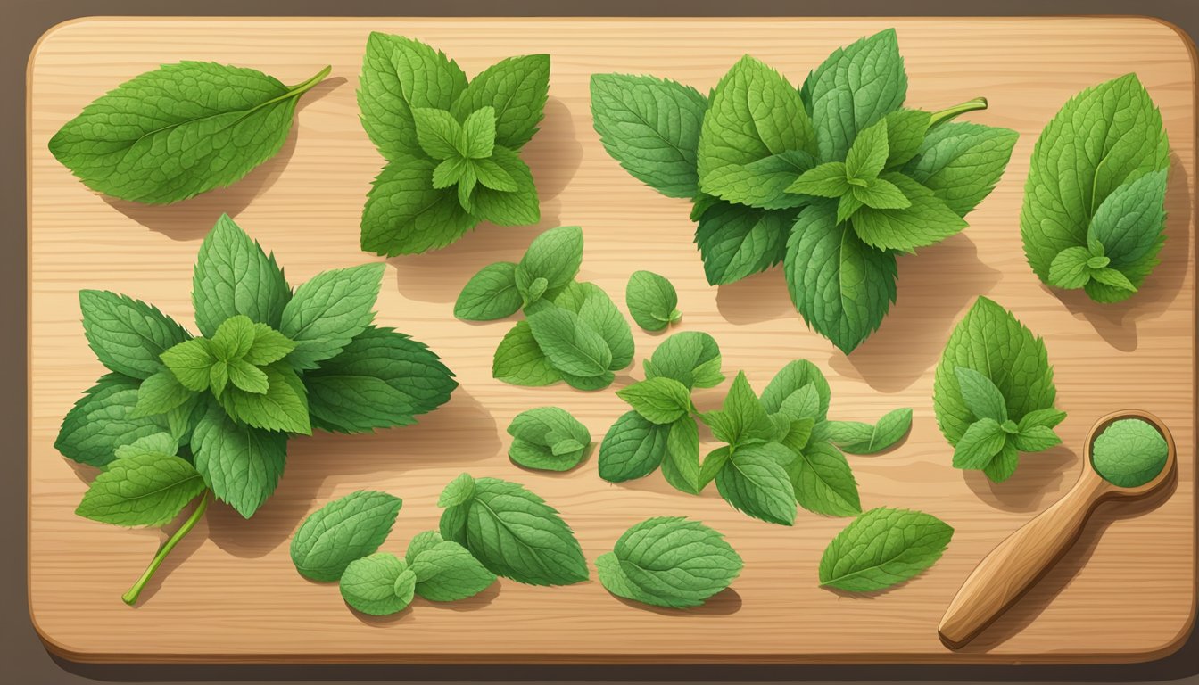 A selection of mint leaves and sprigs in various forms, including dried and fresh, displayed on a wooden cutting board