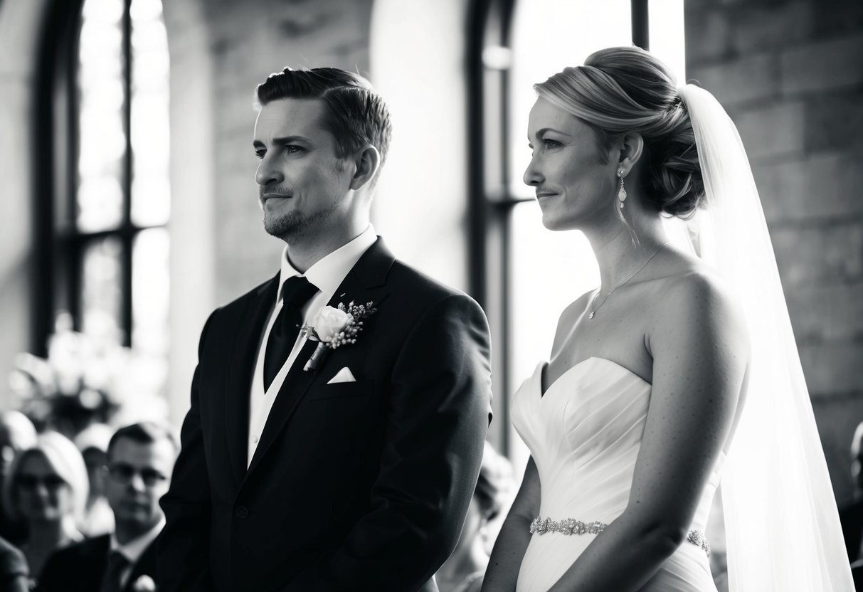 A bride stands alone, gazing at her husband's stoic expression during their wedding ceremony