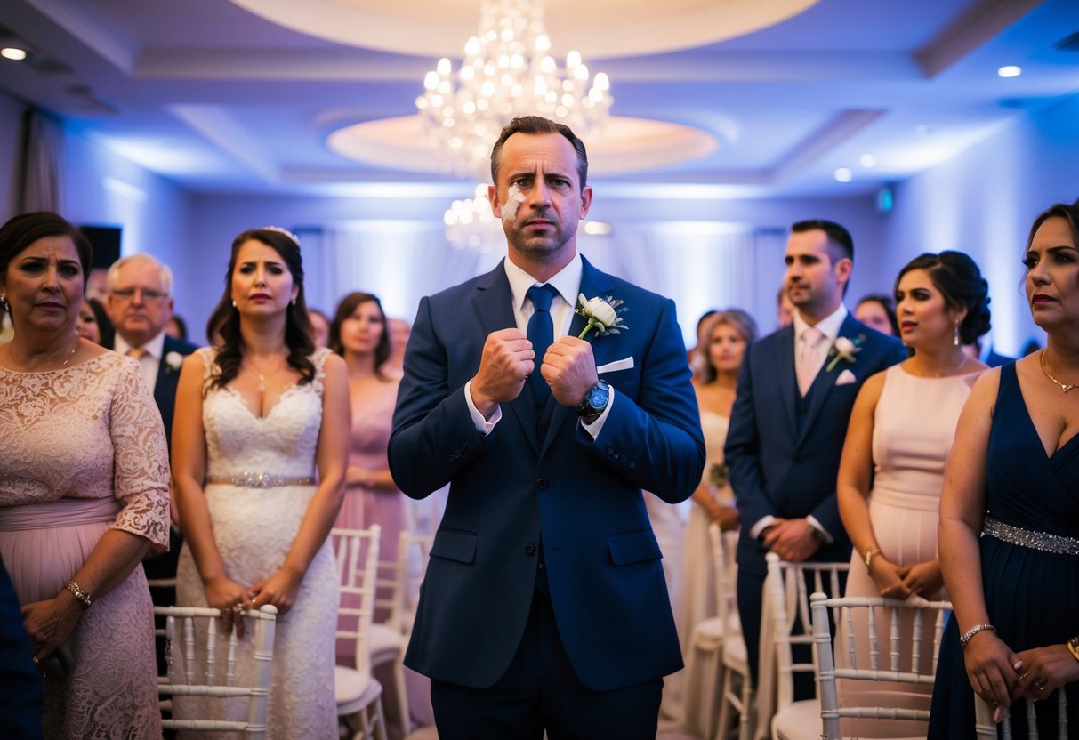 A man stands stoically at a wedding, surrounded by emotional guests. His face shows no sign of tears, but his clenched fists reveal the depth of his emotions