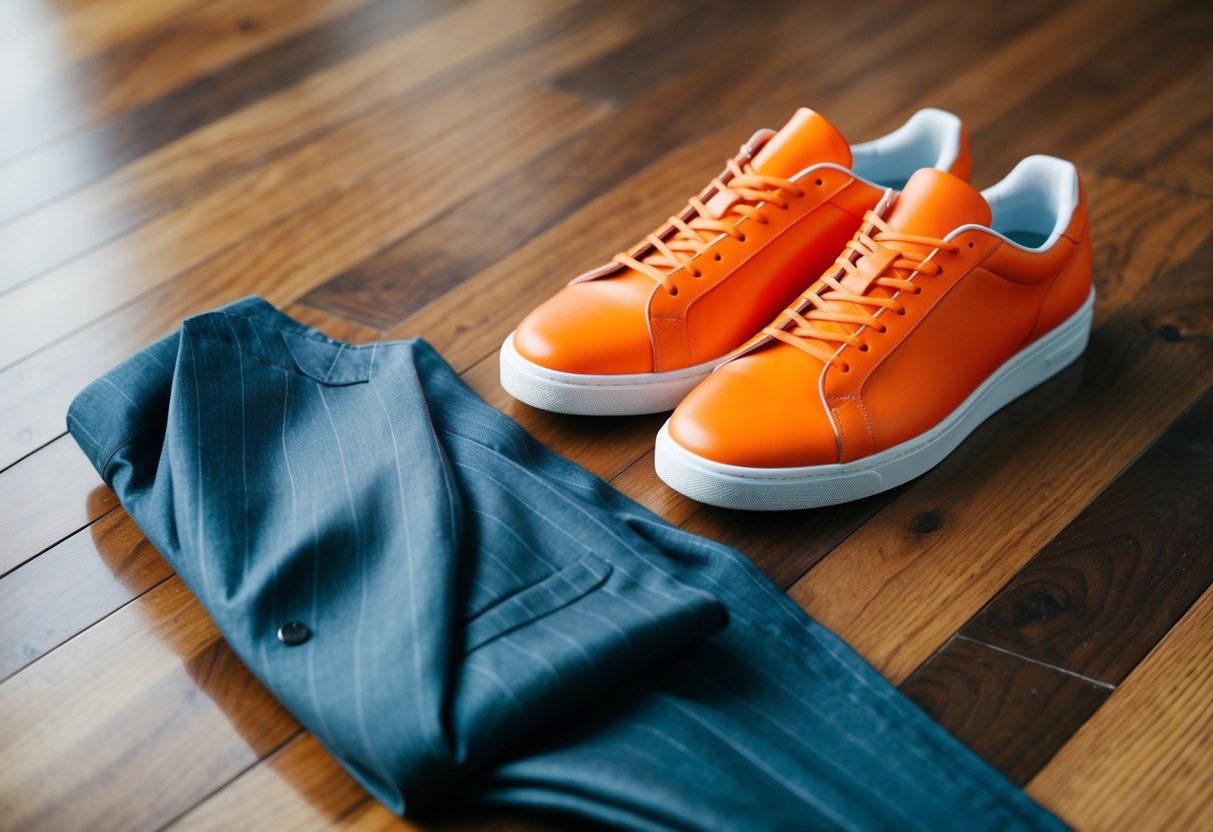 A pair of bright orange sneakers placed next to a neatly folded suit on a wooden floor