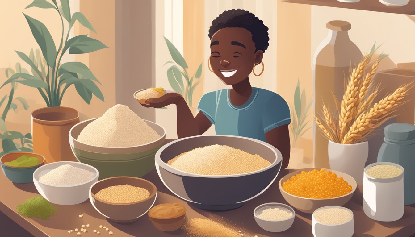 A person happily eating a bowl of cooked sorghum, surrounded by various sorghum-based products like flour, bread, and snacks