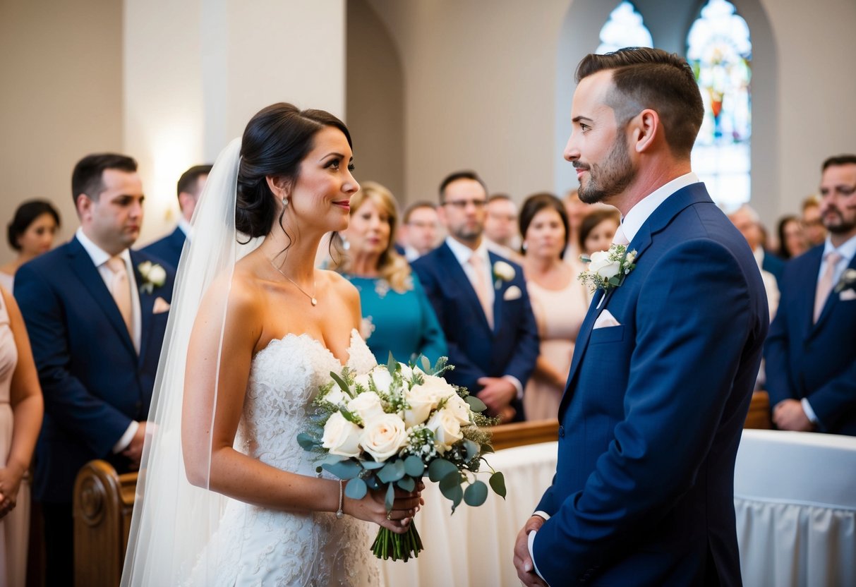 A bride stands at the altar, gazing at her stoic husband. Guests wipe tears as she clutches a bouquet, searching for emotion in his eyes