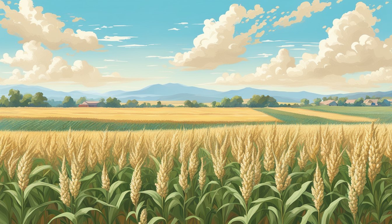 A field of ripe sorghum sways in the breeze, with a clear blue sky above and a peaceful rural landscape in the background