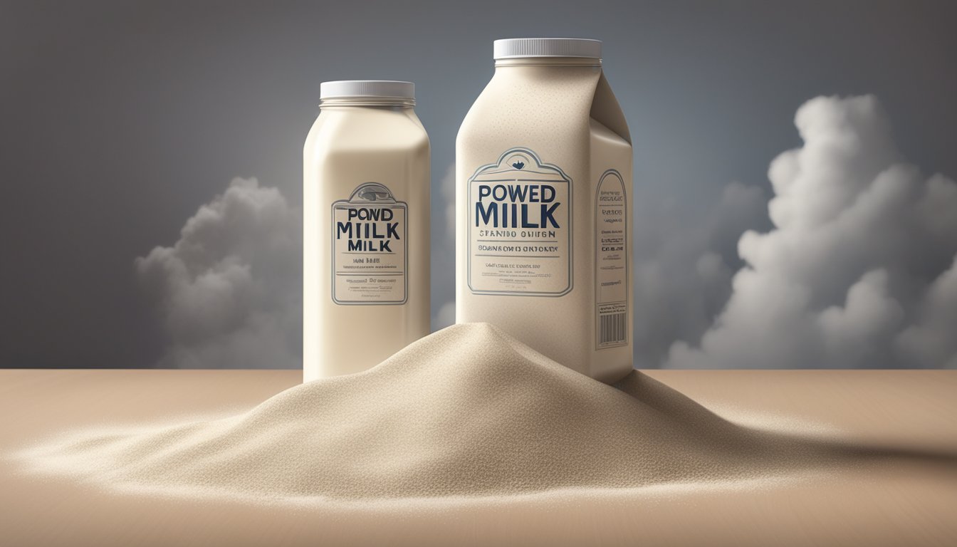 A carton of expired powdered milk sits on a kitchen counter, surrounded by a cloud of dust