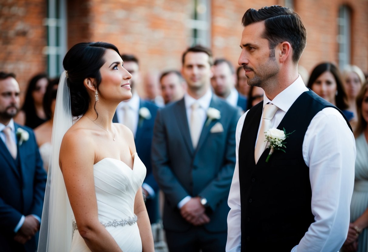 A woman in a white wedding dress looks expectantly at her husband, who stands stoically with a neutral expression, surrounded by guests