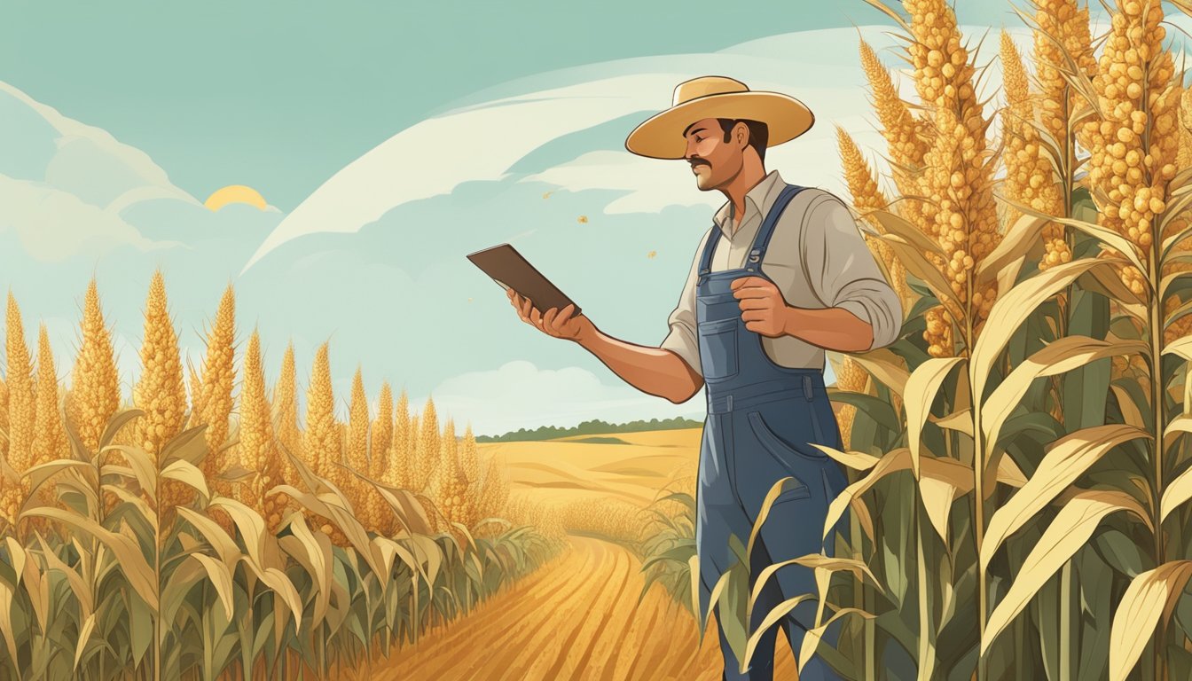 A farmer inspecting a healthy sorghum field with ripe, golden-colored grains ready for harvest