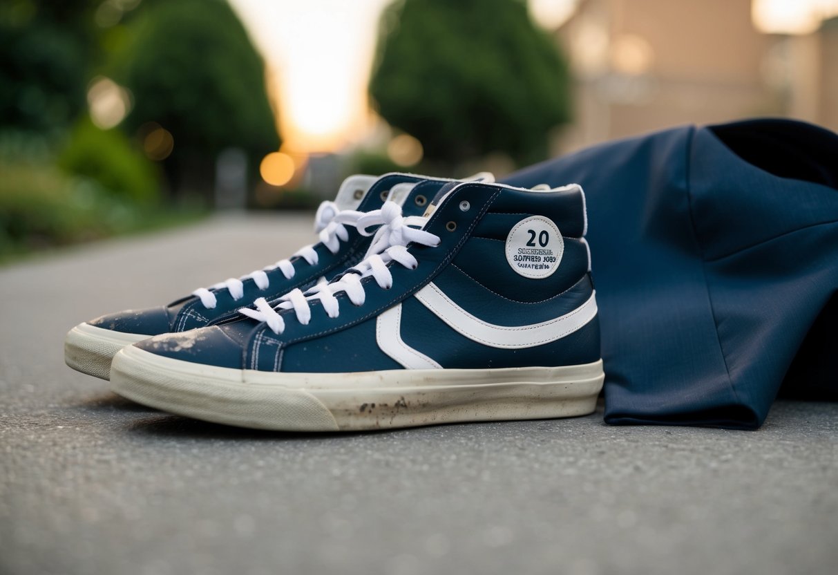 A pair of scuffed and worn-out sneakers next to a neatly pressed suit