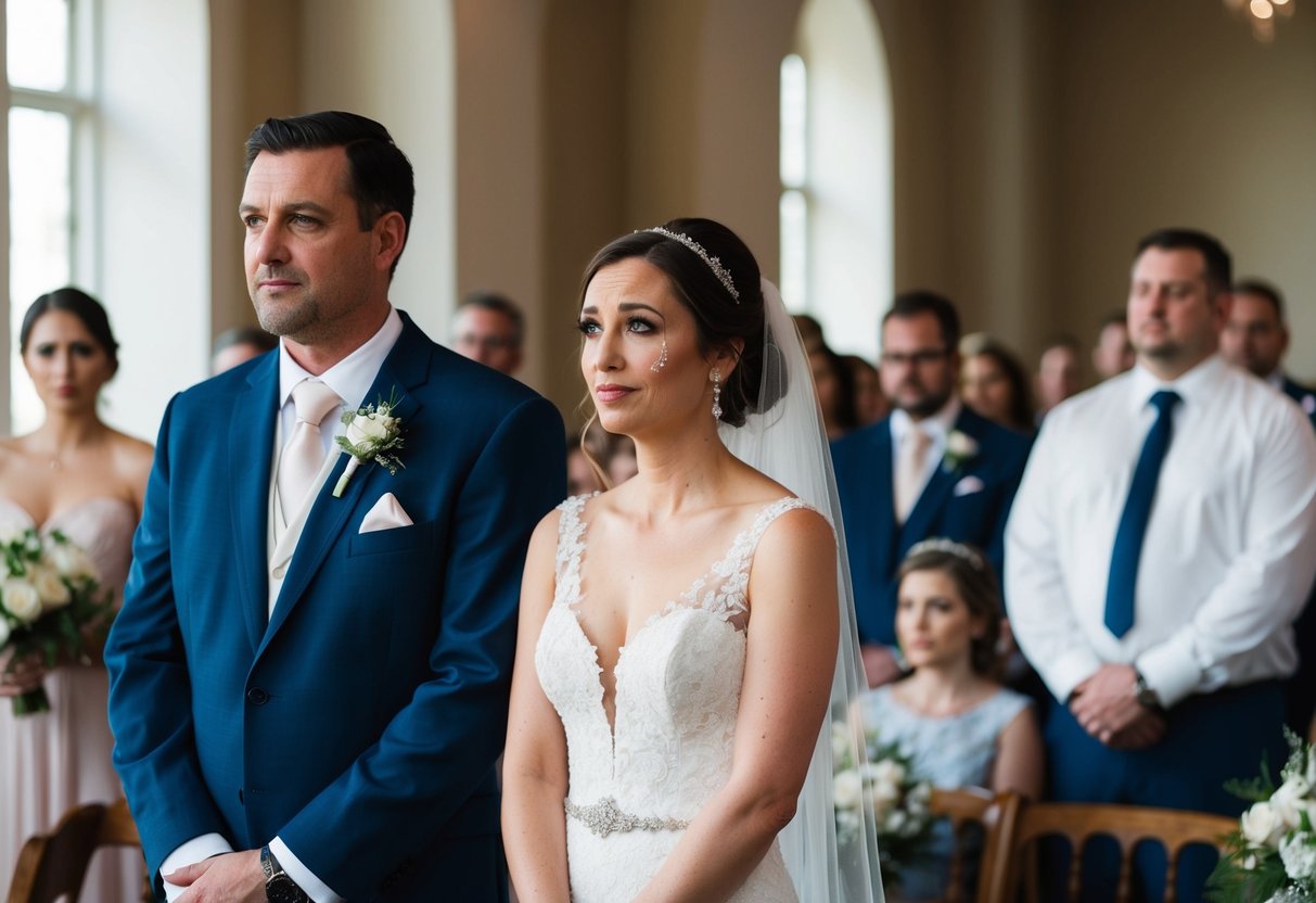 A bride stands alone, tears in her eyes, as her husband looks on with a stoic expression during their wedding ceremony