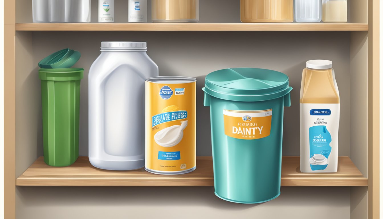 A pantry shelf with expired dried milk container next to a trash can