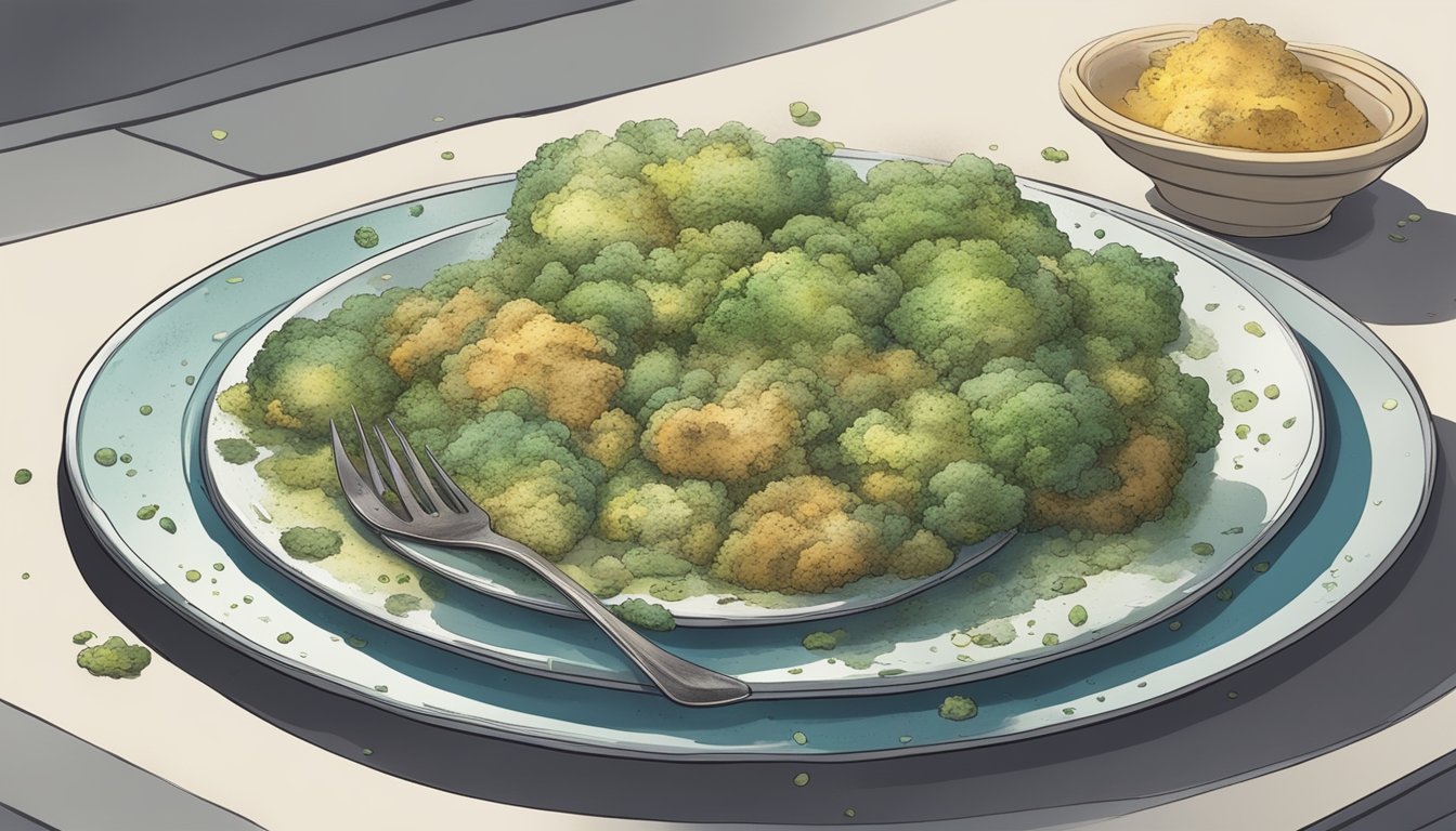 A plate of moldy food with visible signs of decay and a nauseating odor