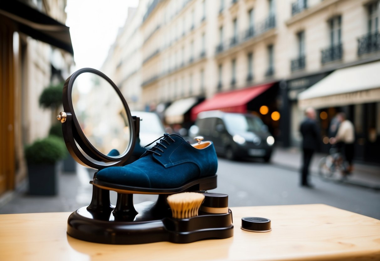 A shoe shining station with a small stool, brushes, polish, and a mirror. A Parisian street scene in the background