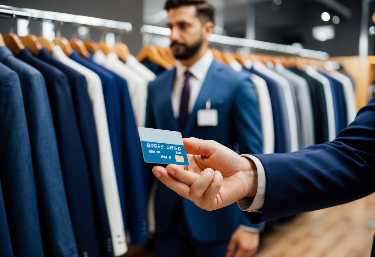 A man's hand holding a credit card while standing in front of a rack of suits in a clothing store