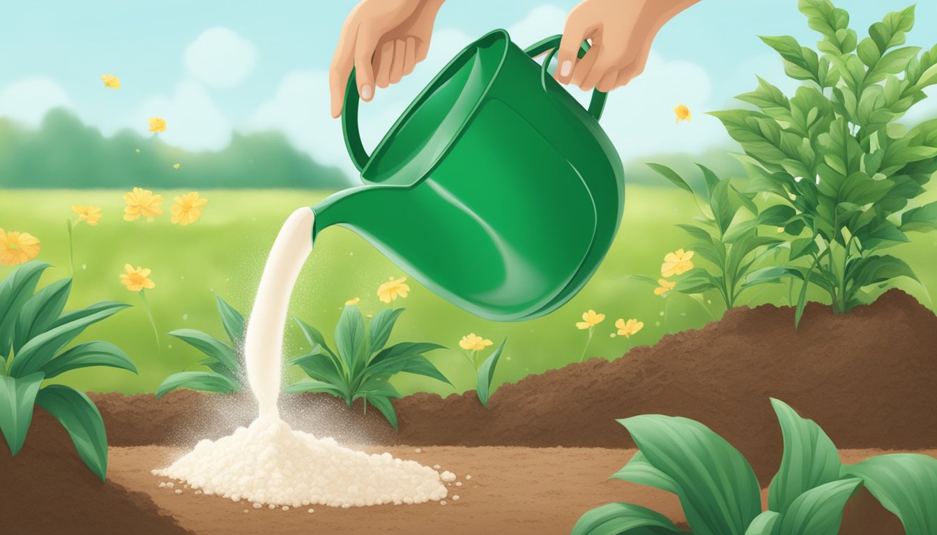 A person pouring expired powdered milk into a plant's soil, with a watering can nearby