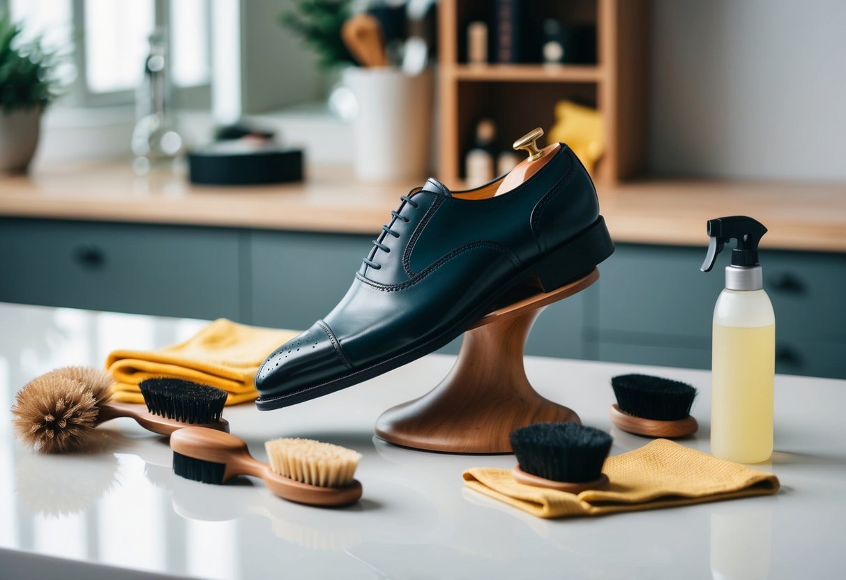 A shoe placed on a wooden stand, surrounded by brushes, cloths, and polishing products on a clean, well-lit surface