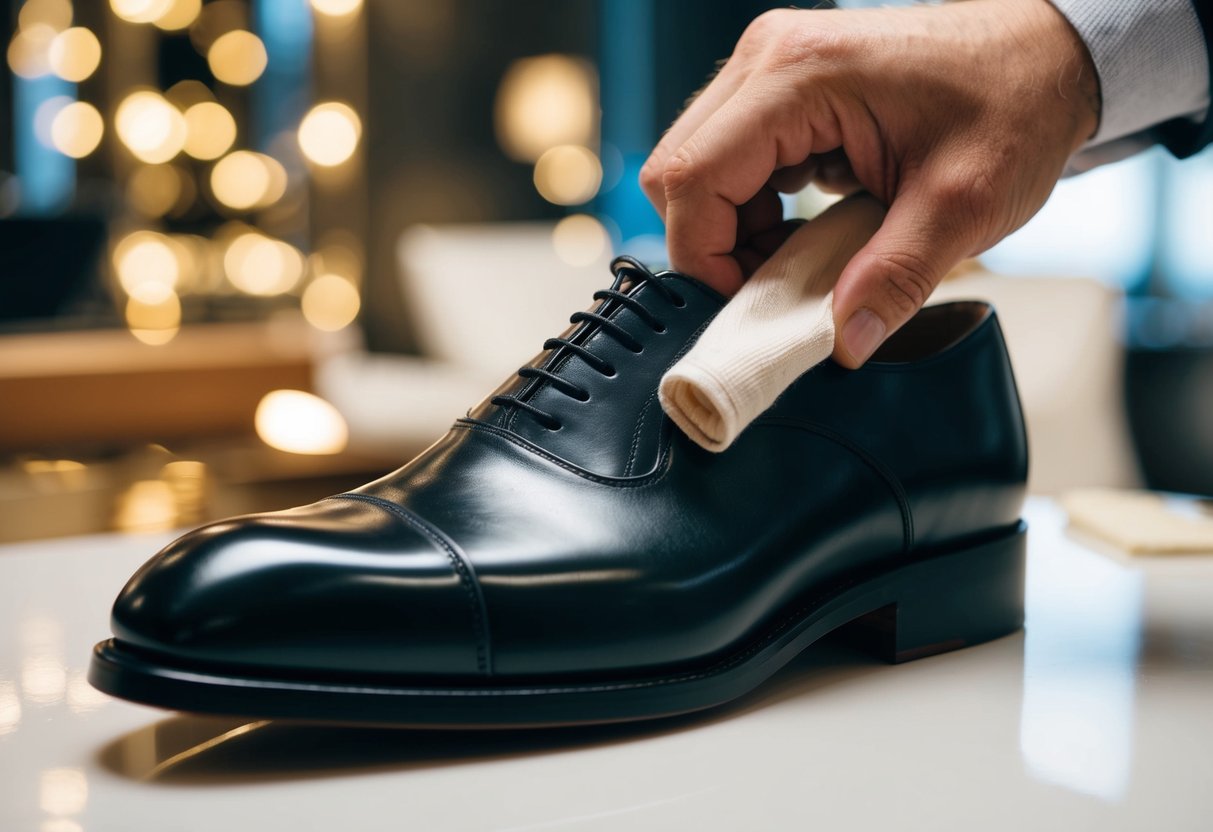 A shoe being polished using the Parisian method, with a soft cloth and circular motions
