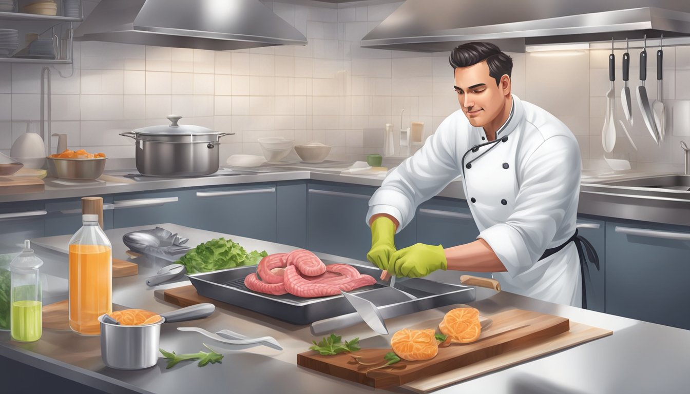 A chef in a clean kitchen preparing snake meat with gloves and a sharp knife, surrounded by safety and hygiene equipment