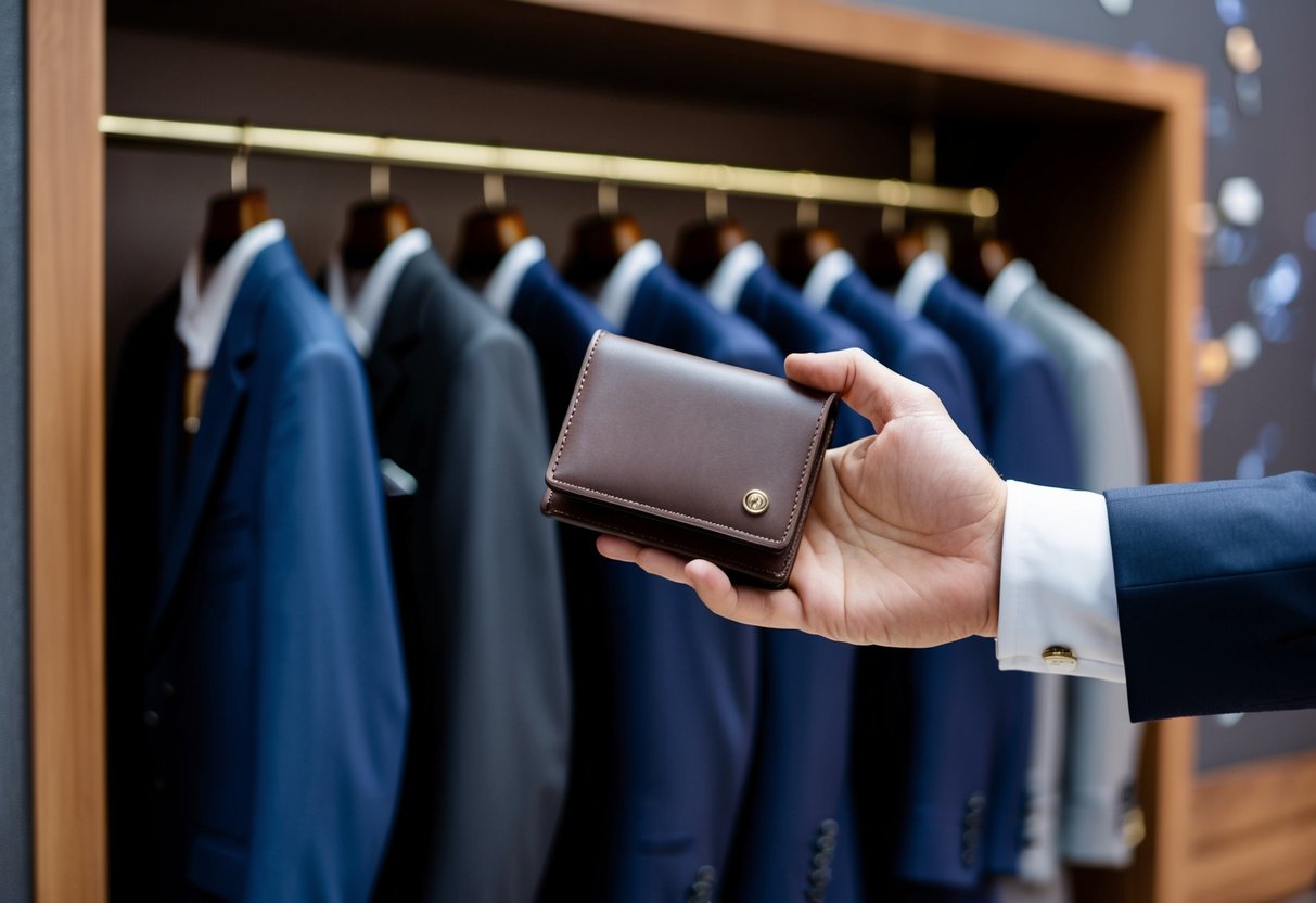 A hand holding a wallet while standing in front of a rack of suits in a formal menswear store