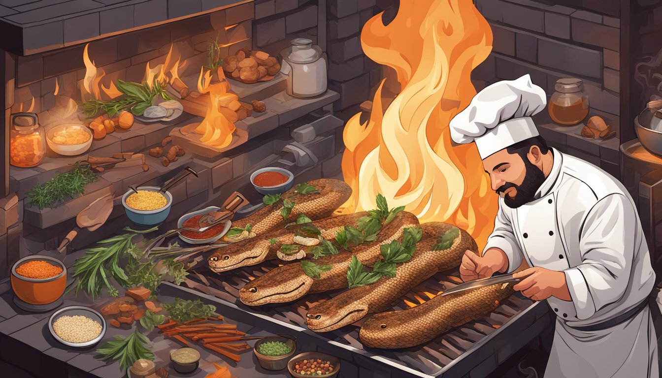 A chef grills snake meat over an open flame, surrounded by various herbs and spices