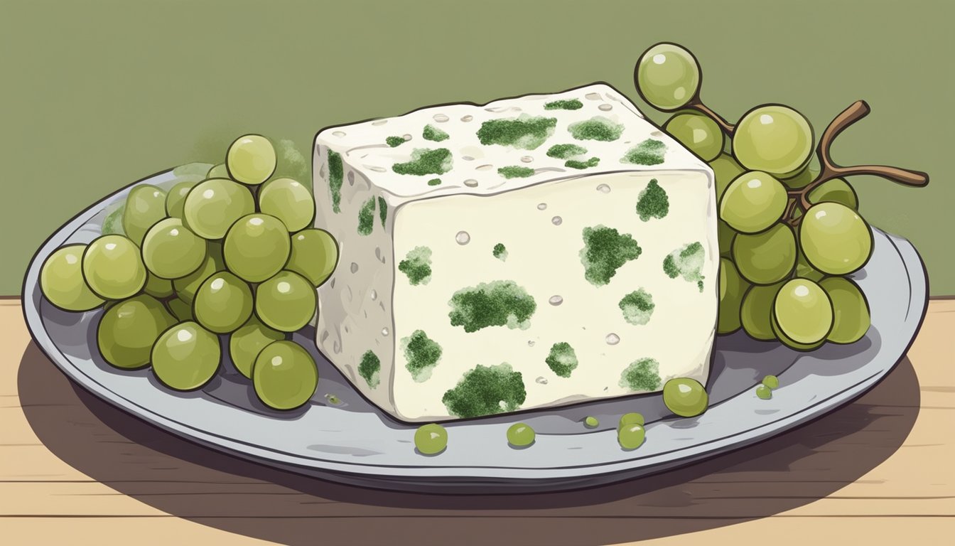 A block of feta cheese covered in green and white mold, sitting on a plate next to some bread and grapes