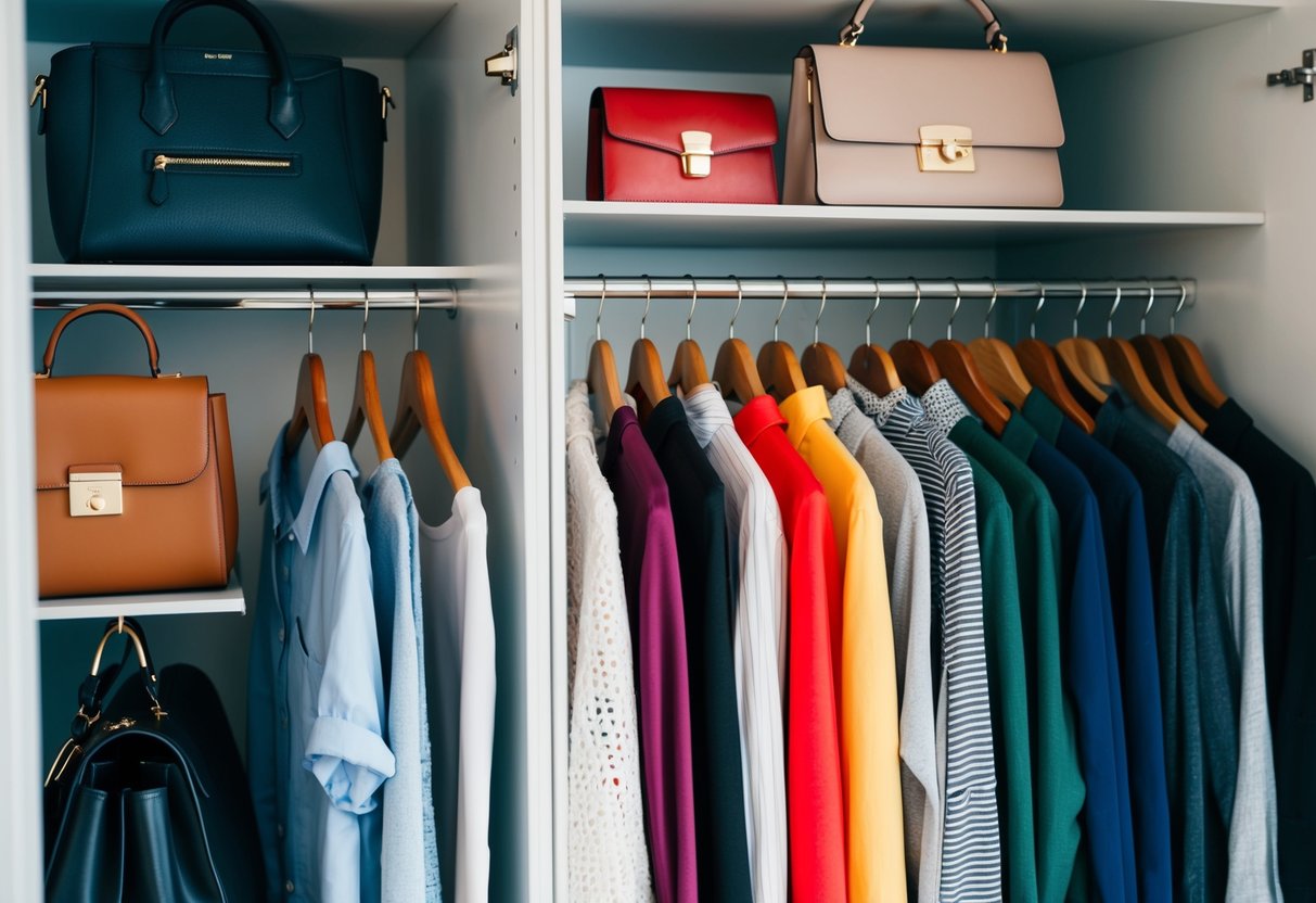 A closet with various clothing items and accessories, including handbags, in different colors and styles