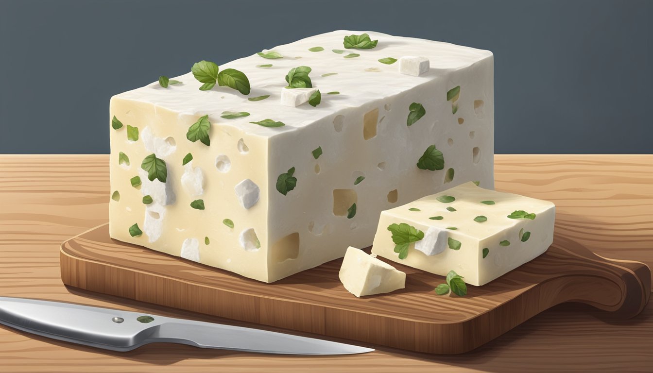 A block of feta cheese with visible mold spots on its surface, sitting on a wooden cutting board with a knife next to it