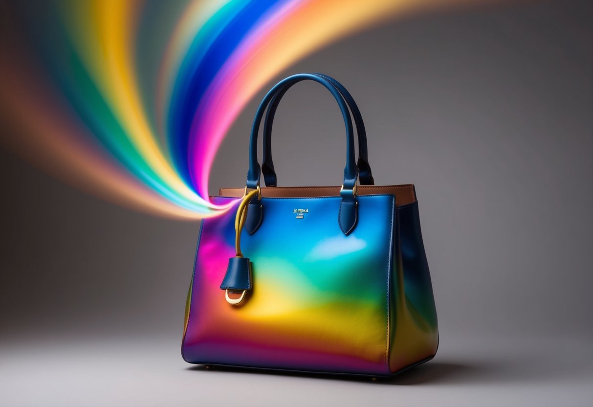 A handbag with a spectrum of colors swirling around it, as if adjusting to match the unique features of its owner