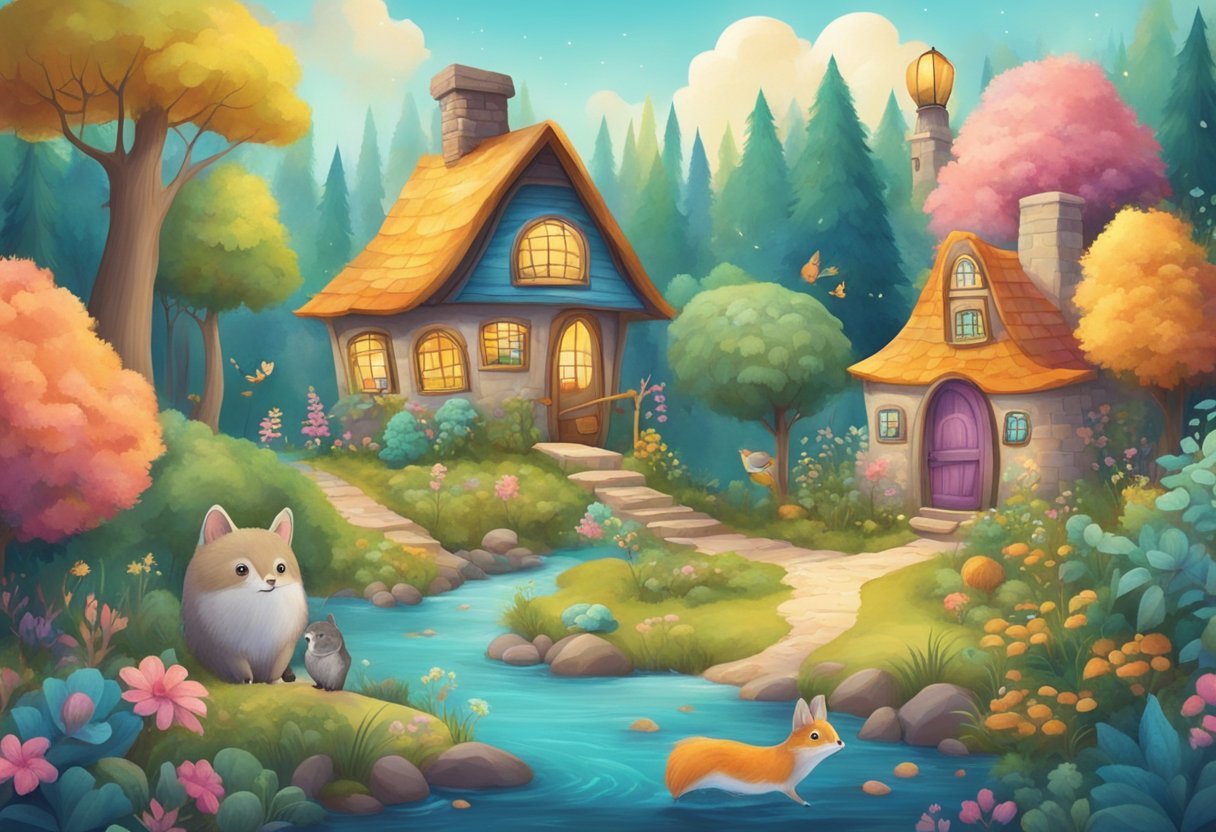 A colorful, whimsical forest filled with friendly animals, a cozy cottage, and a magical sense of wonder
