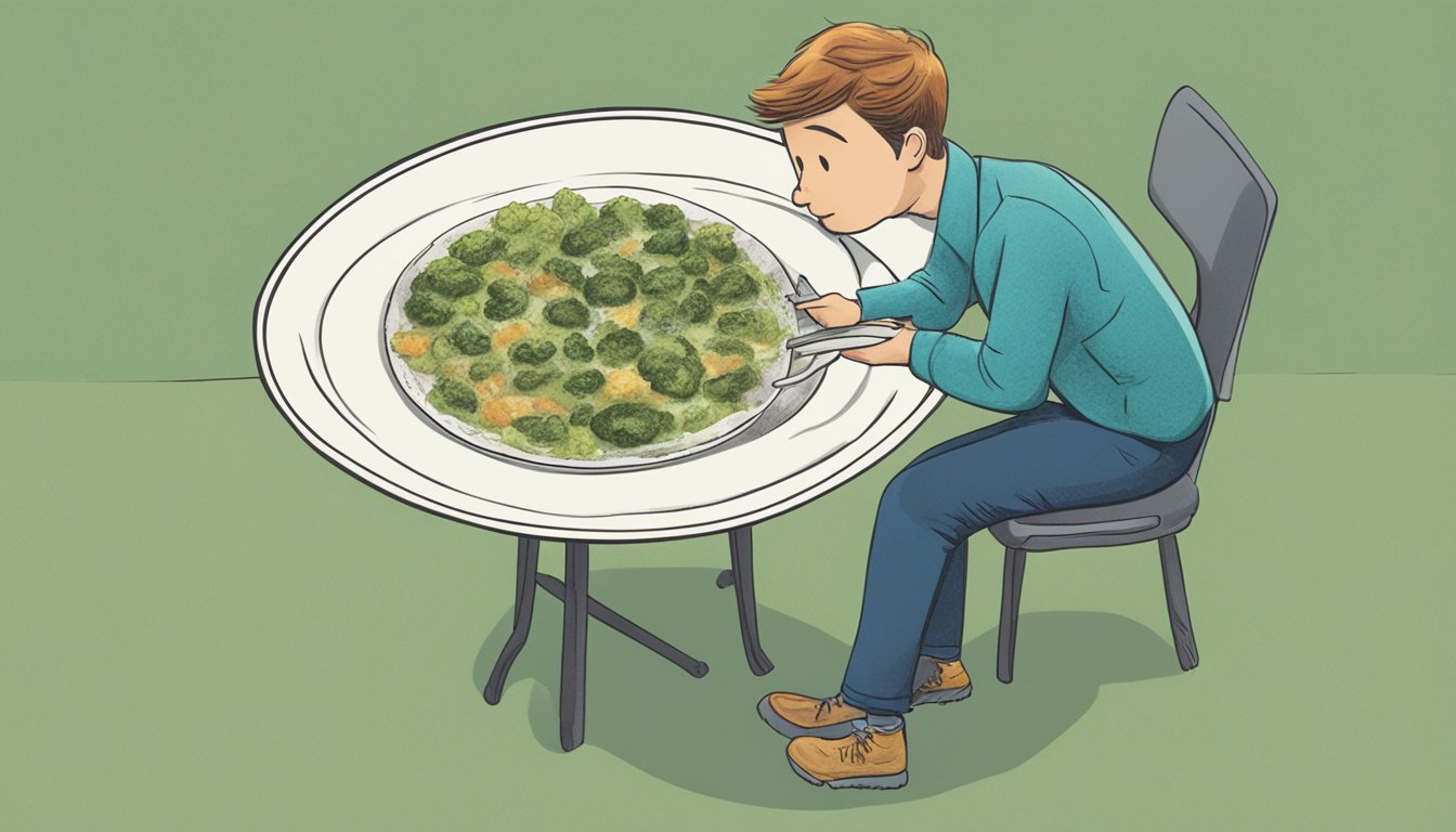 A plate of moldy food sits on a table, with a person looking disgustedly at it. A question mark hovers over the plate