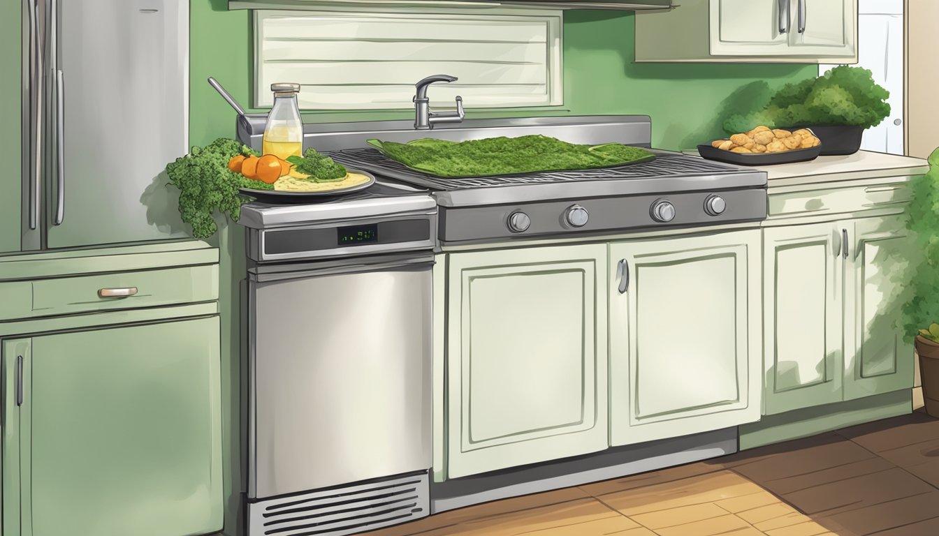 A plate of cooked food covered in green mold, sitting on a countertop next to an open refrigerator