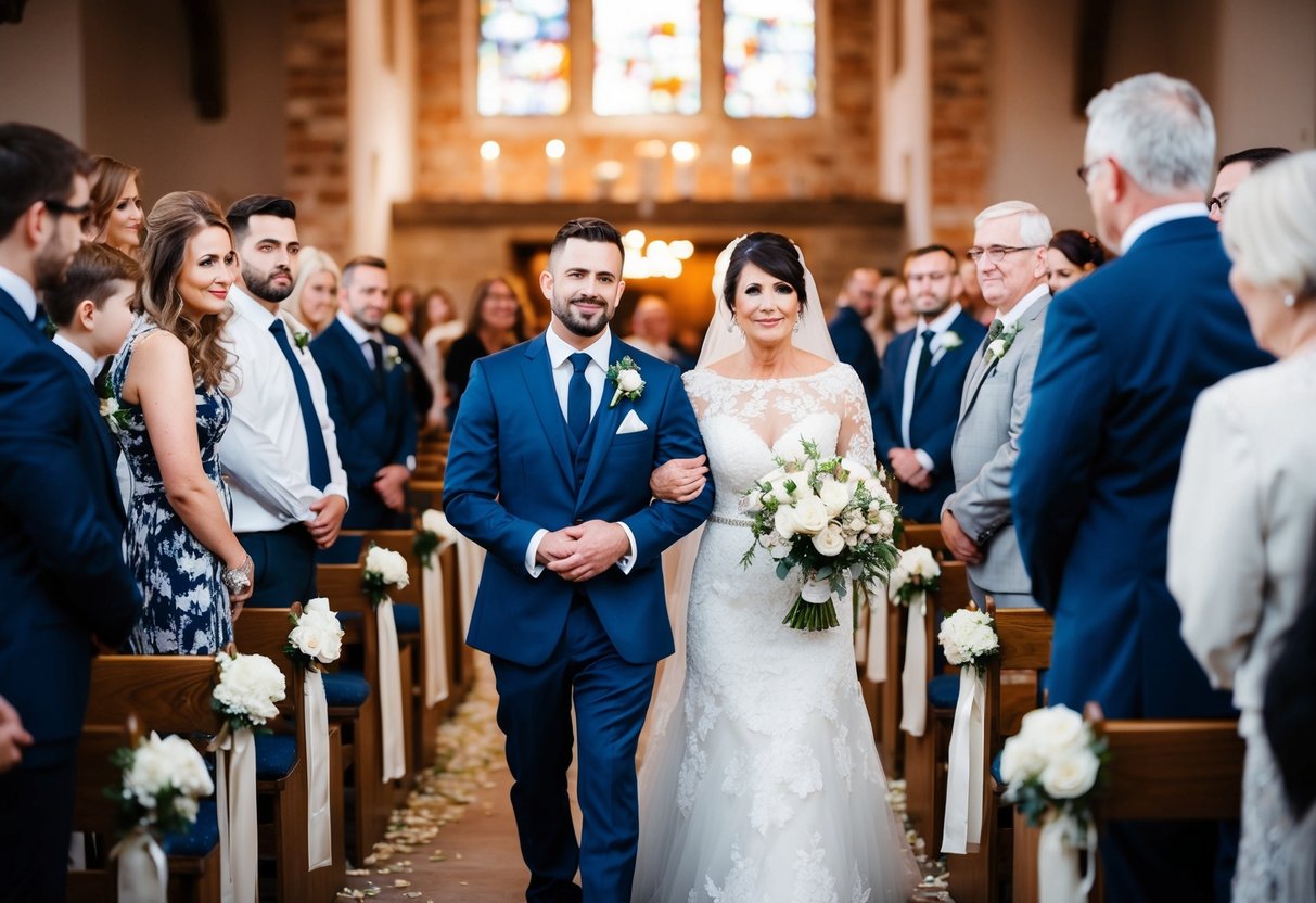 The groom escorts the mother of the bride down the aisle