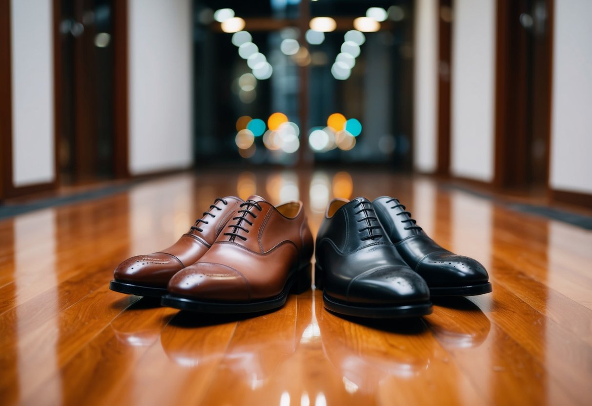 A pair of brown and black shoes side by side on a polished wooden floor