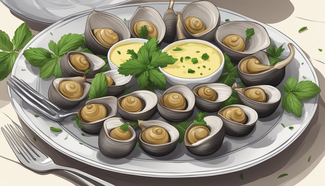 A plate of cooked snails with herbs and garlic butter, surrounded by empty shells and a fork