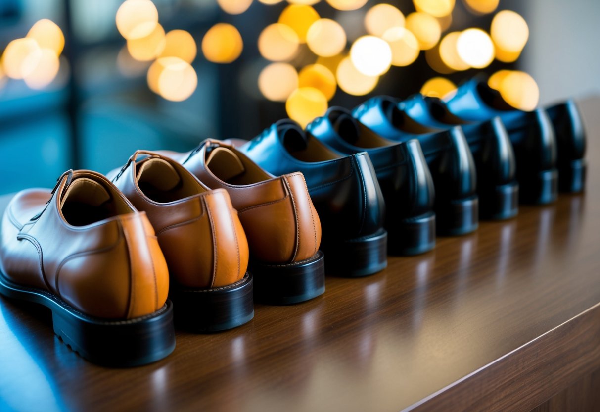 A lineup of shoes ranging from light brown to black, arranged in order of formality