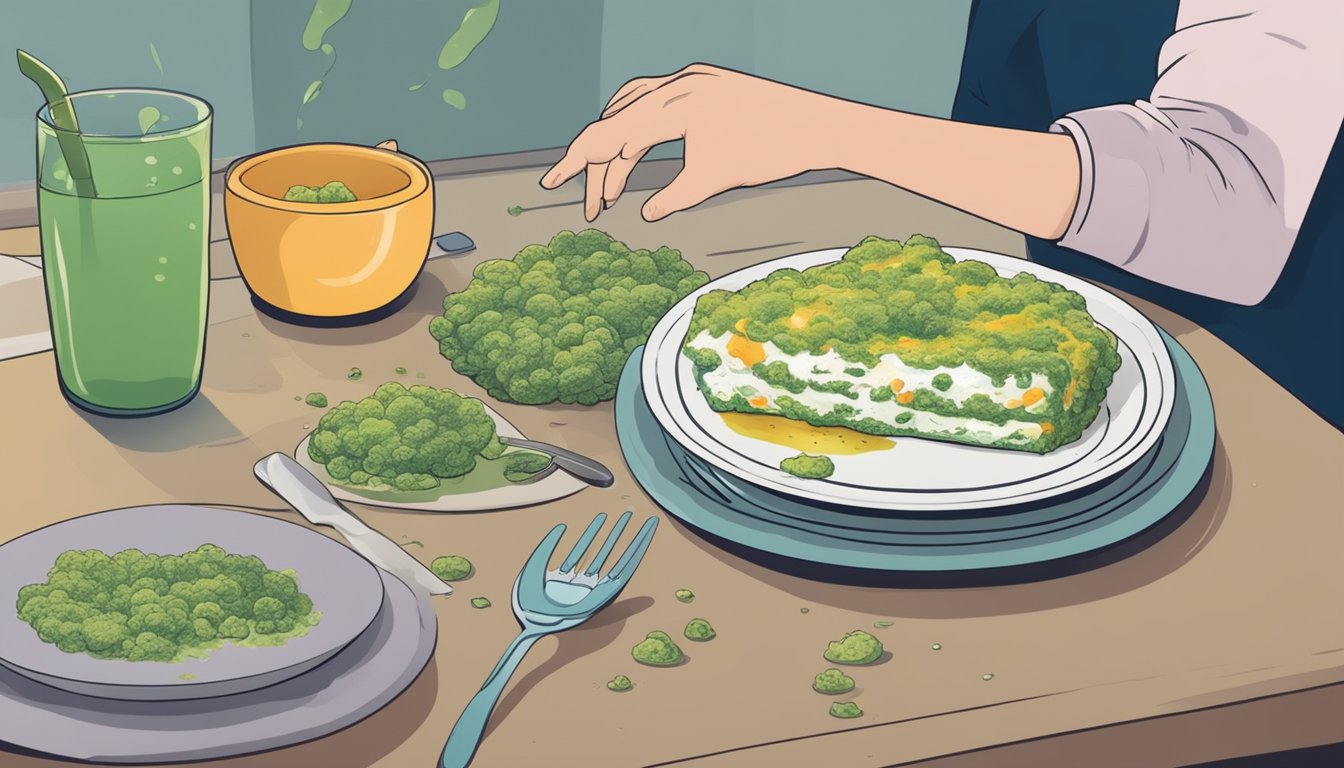 A plate of moldy food sits on a table. A person takes a bite of cooked mold and experiences a sudden illness