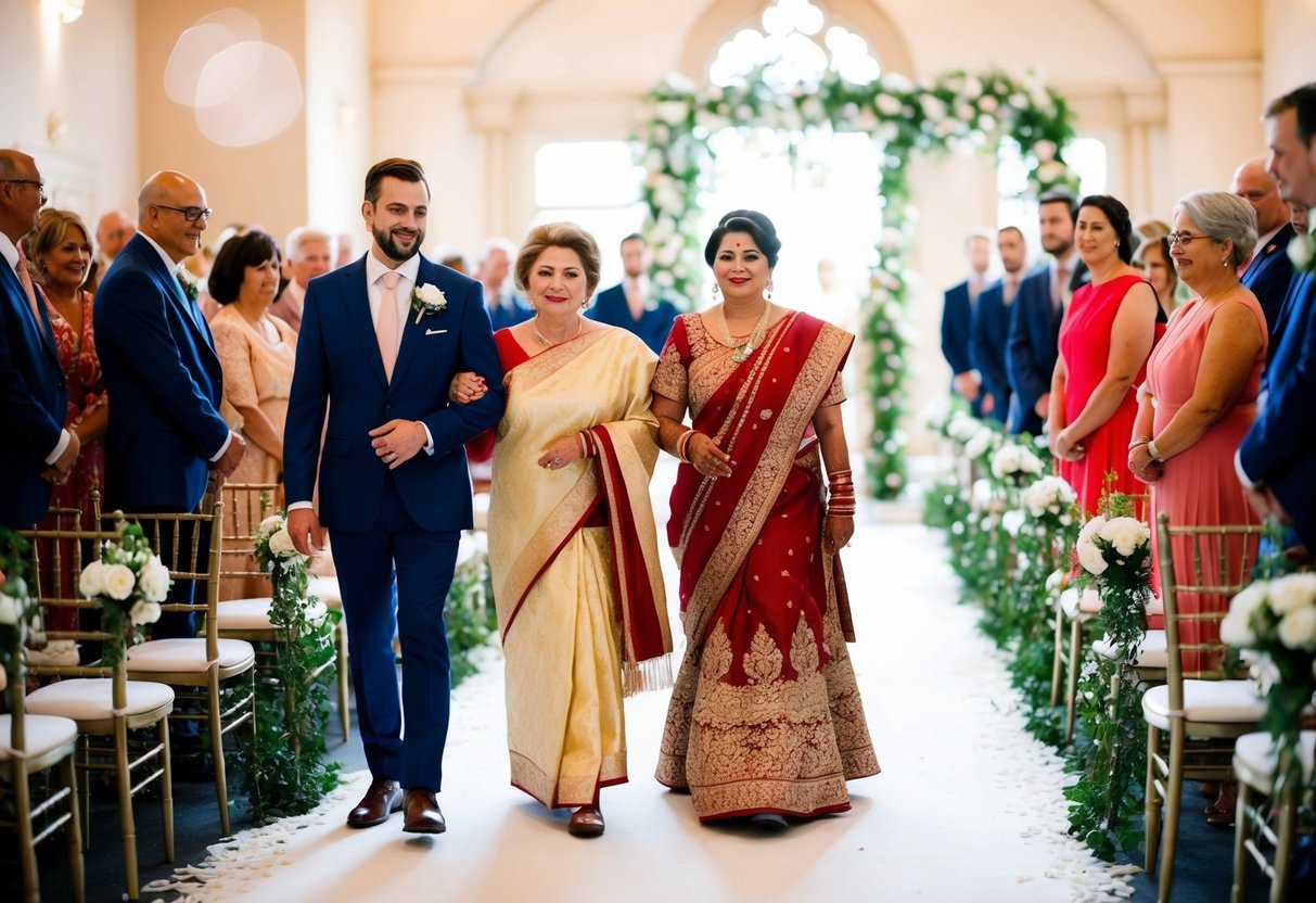 The groom walks alongside the mother of the bride in a traditional wedding procession down the aisle
