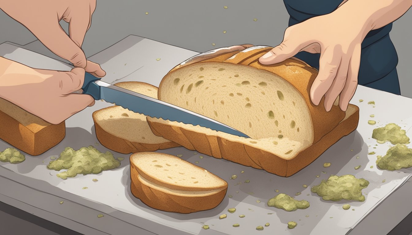 A person cutting off moldy section of bread